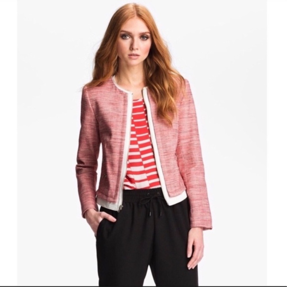 Parker Tweed Leather Trimmed Blazer Sz L